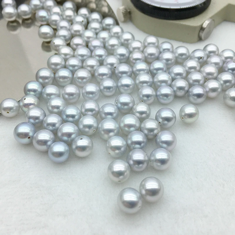 Fashion 7-7.5mm High Luster Grey Round Akoya Seawater Pearl Beads