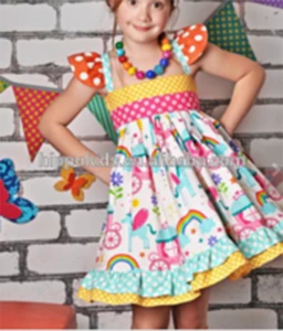 Fashion Custom Adorable Flutter Sleeve Polka Dot Carriage Unicorn Printed Baby Girls Summer Cotton Dress