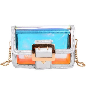 Fashion holographic Women Small Square Shoulder Bag Clear Transparent PU Composite Messenger Bags New Female Handbags