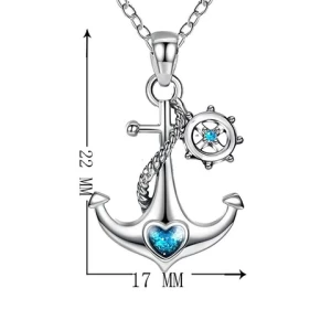 Fashion Jewelry 925 Sterling Silver Blue Ocean Heart Ship Anchor Chain Necklace