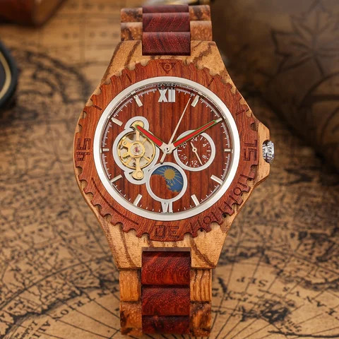 Fashion Luxury Business Big Large Dial Hollow Sun Moon Stars Mens Wooden Mechanical Watches for Men