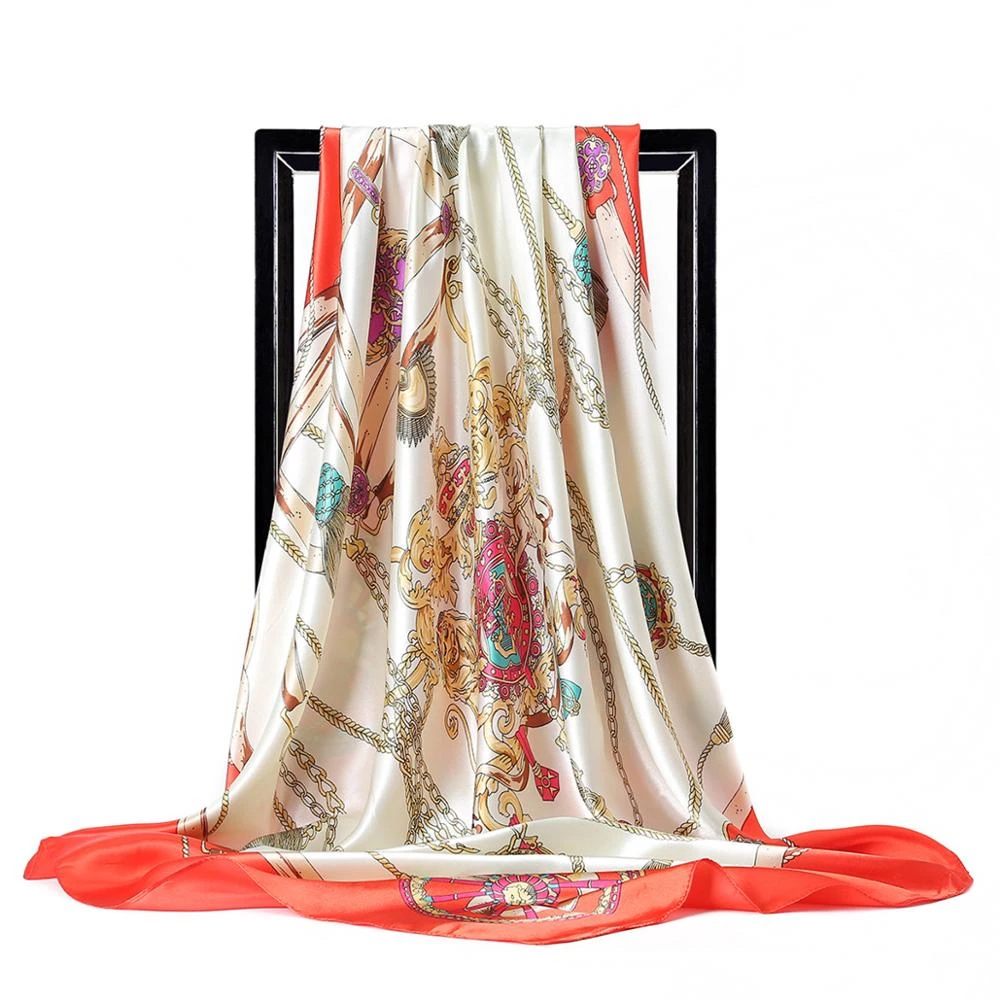 Fashion Square Head Scarf Women Colors Chain Printed Shawls Wraps Foulard Luxury Brand Satin Hijab Silk Scarves 90*90cm