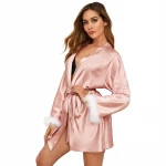 faux fur trim satin robe  ladies bathrobe pink belted kimono gorgeous bridesmaid robes winter nightgown