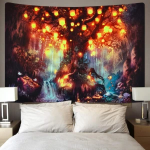 Forest Fairy Tales Tapestry, Mystical Shining Lanterns and Waterfalls Under Magical Enchanted Tree Tapestry