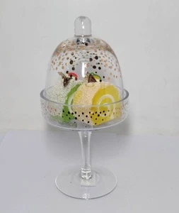 hand blown rose gold colored mini glass cake dome and stand plate