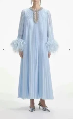 High Quality Luxurious Women Rhinestone Crew Neck Elegant Solid Color Fur Sleeves Party Dress For Muslim Women Abaya From Dubai
