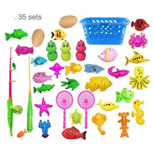 Hot beach toy 35pcs set fish with basket kids Magnet fishing toys