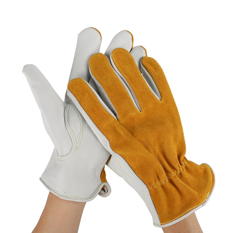 Hot sales Grade AB  top grain leather  yellow white Driver flexible thumb leather work safety gloves