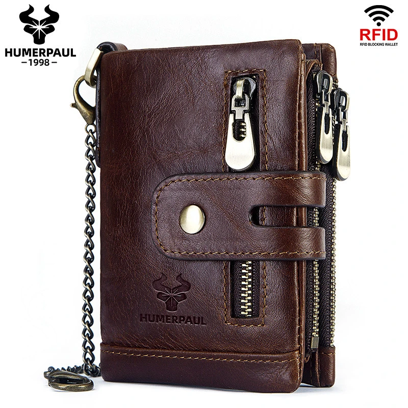 HUMERPAUL  RFID Genuine Cowhide Leather Luxury Purse Casual Small Mini Leather Wallets Vintage Gents Mens Slim Wallet