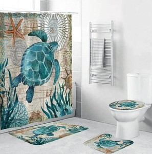 i@home bathroom fashion sea turtle shower curtain sets with non-slip rugs 4 pieces washable
