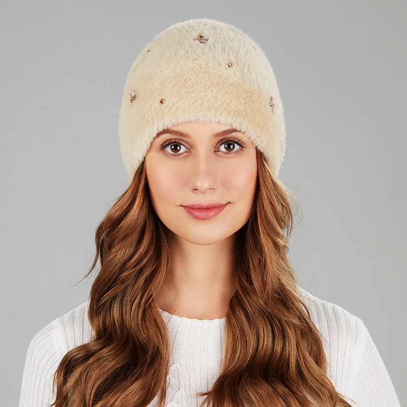 KAZUFUR New Fashion Ermine Hair Knit Hat Women Winter Warm Knit Hat