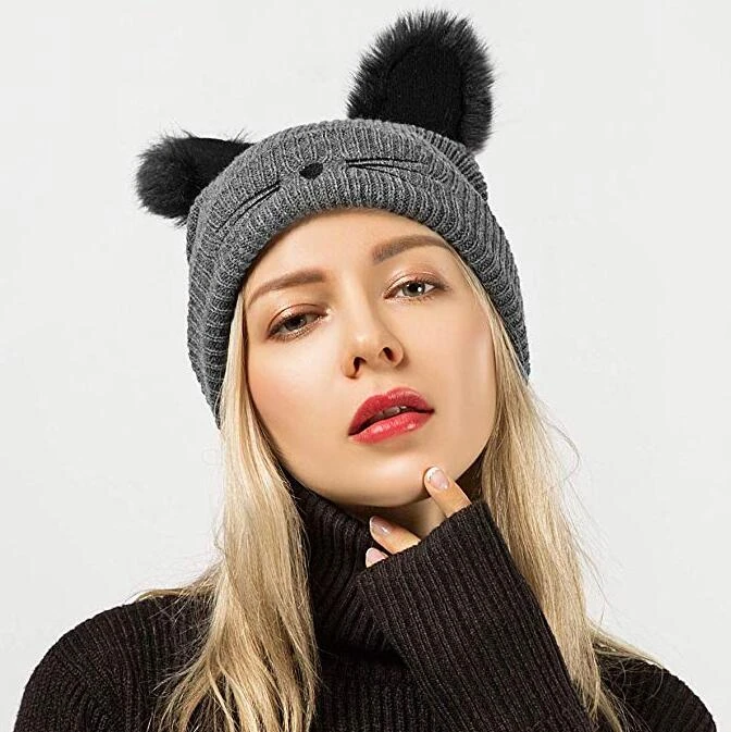 Knitted Hat Women Fashion Cat Ear Warm Knit Crochet Beanies Wool Skull Accessories Beanies Cap