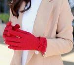 Lady Women Bowknot Woolen Mix Touch Screen Gloves With Flannel Lining