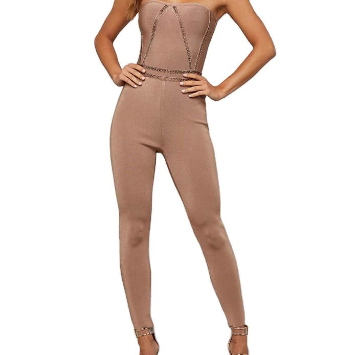 Latest Design Hot Sale Ladies&#x27; Sexy Bandage Zipper Back Sparkly Crystals Jumpsuit