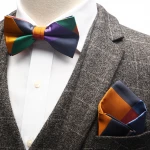 Mens Colorful Check Plaid Jacquard Self Tie Bowties and Pocket Square Set Wedding Party