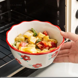 MONAZONE Flower Pattern Heat-Resistant Microwave Tableware Lace Ceramic Noodle Rice Bowl Soup Bowl