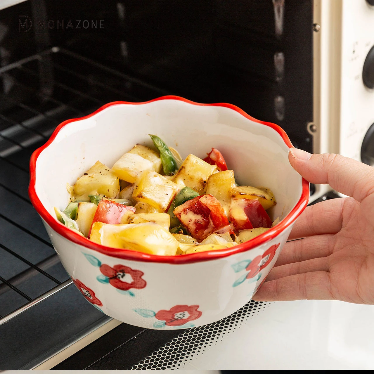 MONAZONE Flower Pattern Heat-Resistant Microwave Tableware Lace Ceramic Noodle Rice Bowl Soup Bowl