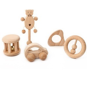 Montessori Baby Teething Rattle Toy Infant Beech Wooden Teether Toys