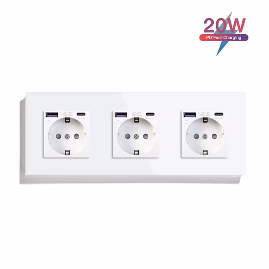 Mvava 20W Pd Fast Charge Type C EU Standard Triple Sockets Glass Power Outlets DC 12V 24V Dual Port USB Charger and Power Socket