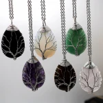 Natural Crystal Rhinestone Unique handmade tree of life chakra crystal nature stone teardrop pendant necklace