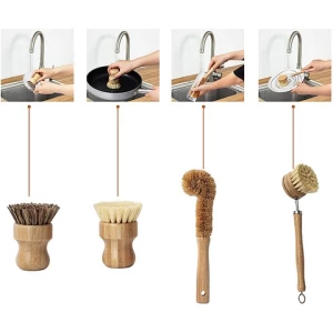 Natural Eco Friendly Detachable Bamboo Kitchen Beechwood Tampico Sisal Dish Cleaning Brushes Set With Wooden Handle