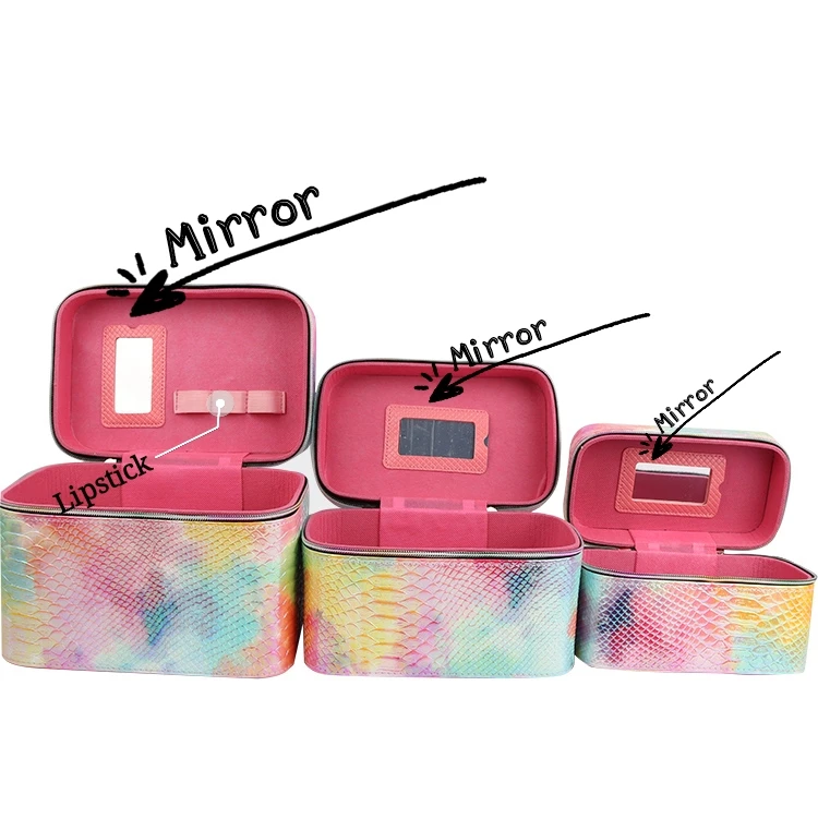 New cheap colourful large capacity beach zipper makeup box case cosmetic bag with handle and mirror