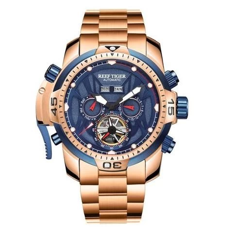 OEM Reef Tiger/RT RGA3532 Sport Watch Complicated Dial with Year Month Perpetual Calendar Steel Bracelet Watch