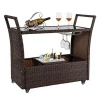 Outdoor Wicker Bar Cart with Wheels and Ice Bucket  Rolling Patio Wine Cart Rattan Bar Serving Cart with Glass Top and Wine Glas