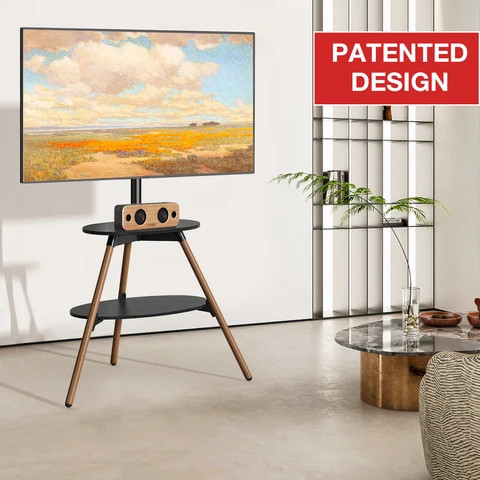 Patented Double Shelf Tripod TV Stand, Artistic Easel Studio Floor TV Mount with Alloy Steel Legs