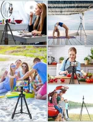 Phone Tripod 53&quot; Extendable Travel Video Tripod Stand with Cell Phone Mount Holder &amp;V5 Bluetooth Remote Carry Bag Android Camera