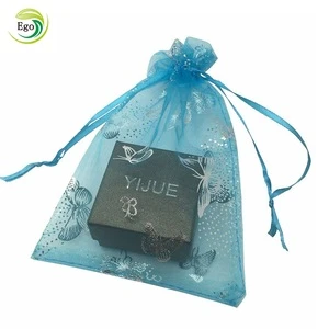 Promotional blue drawstring organza gift bag with butterfly logo