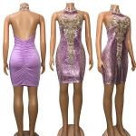 Purple Sequin Sleeveless Backless Evening Women's Glitter Evening Dress