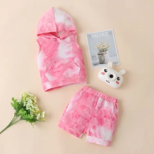 RTS Boys Girls Cloth Kids-clothing-wholesale Sleeveless Tie Dye Kids Hooded t shirts Set Baby Clothes Boutique