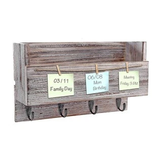 Rustic Wood Wall 4 Key Holder Hooks Memo Clips, Entryway Organizer for Letter Mail Holder, Magazine Holder and More