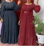 Slanna women dot printed o neck casual  Muslim long  flare sleeve long maxi dress for women