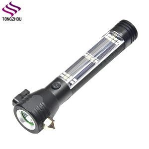 Solar LED flashlight,USB Rechargeable Safe Hammer Cutting Knife Torch Light,Multi-functional LED solar torch