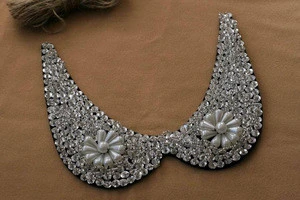 Source factory wholesale custom beaded collar applique, ethnic necklace patch, statement neckpiece, net rhinestone trim