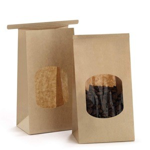 Square Block Flat Bottom Gusset Coffee Bean Tin Tie dessert Kraft Paper Bag with Window