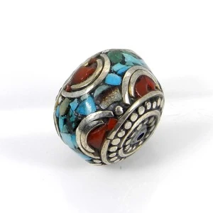 Tibetan Beads !! Turquoise &amp; Red Coral Gemstone Inlay Nepalese Handmade Ethnic Metal Beads For Making Beaded Jewelry SI1119