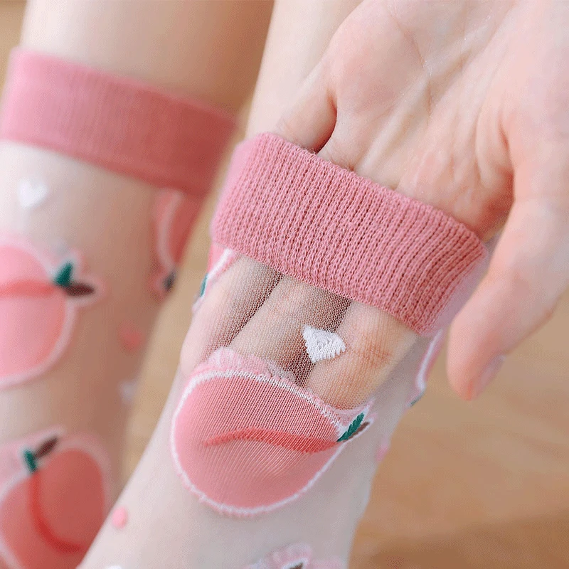 Transparent Crystal Silk Female Crew socks peach Pattern Long Tube Vogue Socks