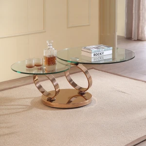 Transparent glass double-deck convertible coffee table with stainless steel base tea table multifunctional  round  coffee tables