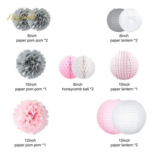 UMISS Pink Baby Shower Decorations - Princess Pink Baby Girl Balloon Paper Lanterns Tissue Poms Party Fans Rectangle Tablecloth