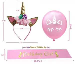 Unicorn Party Supplies &amp; Decorations - Pink Unicorn Headband with Horn Gold Happy Birthday Foil Balloon Banner