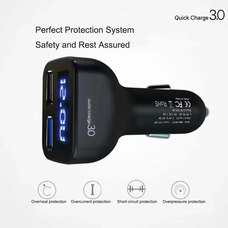 Universal Portable Electric Dual Usb QC3.0 Car Charger With Led Display
