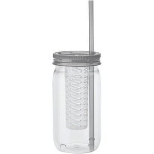 USA Made 20 oz Plastic Mason Jar With Infuser - features fruit infuser, screw-off jar lid and comes with your logo.