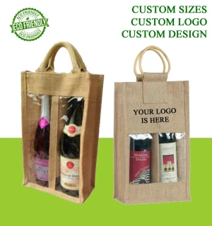 Vaishu Clear Window Jute Wine Bag Customized eco fancy Christmas gift wine bottle with bamboo handles bottles carrier basket