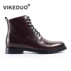 VIKEDUO Hand Made European Style Lacing Fashion Plain Toe Male Shoes Genuine Cowskin Leather Boots For Men Winter
