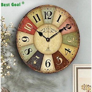 Vintage France Paris Colourful French Country Tuscan Style Non-Ticking Silent Wood Wall Clock