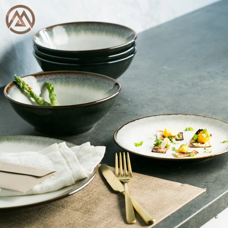 White Gradual Change Reaction Glaze Tableware Flat Plate Ceramic Dinnerware Set