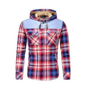 Wholesale Autumn Winter Men Shirts 100% Cotton Thick Warm Fleece Plaid Hooded Shirt Dress Single Breasted Plus Size M-XXXL